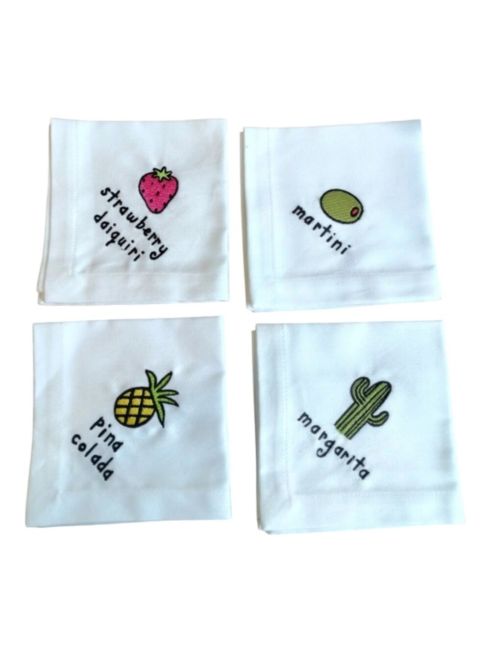Embroidered Cloth Cocktail Napkins Set 4  Margarita Pina Colada Daiquiri Martini